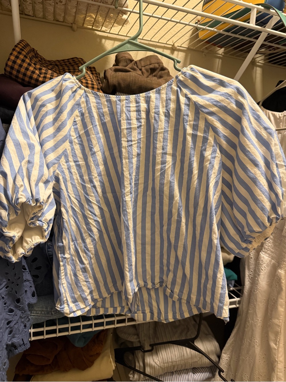 H&M Blue and White Striped Puff Sleeve Blouse